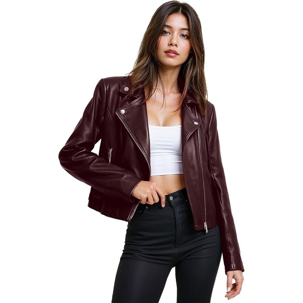 Women's Faux Leather Moto Biker Jacket Long Sleeves with Pockets Burgundy